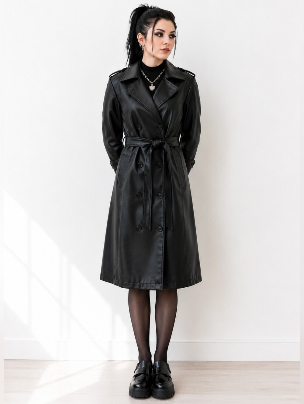 Baccini Black Faux Leather Belted Trench Coat